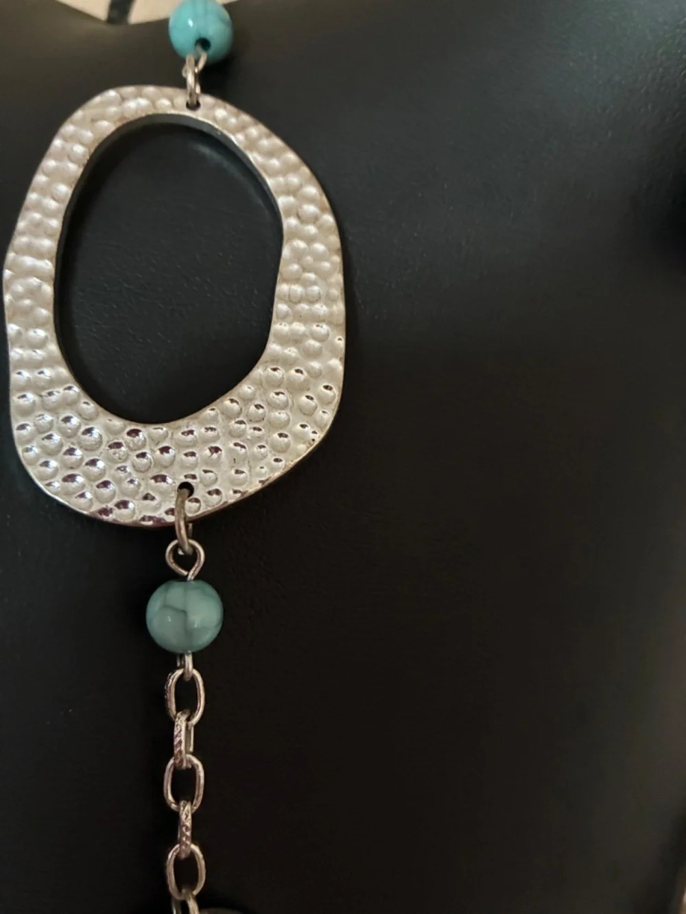 42” Hammered Silver Tone Faux Turquoise Necklace - Picture 2 of 3